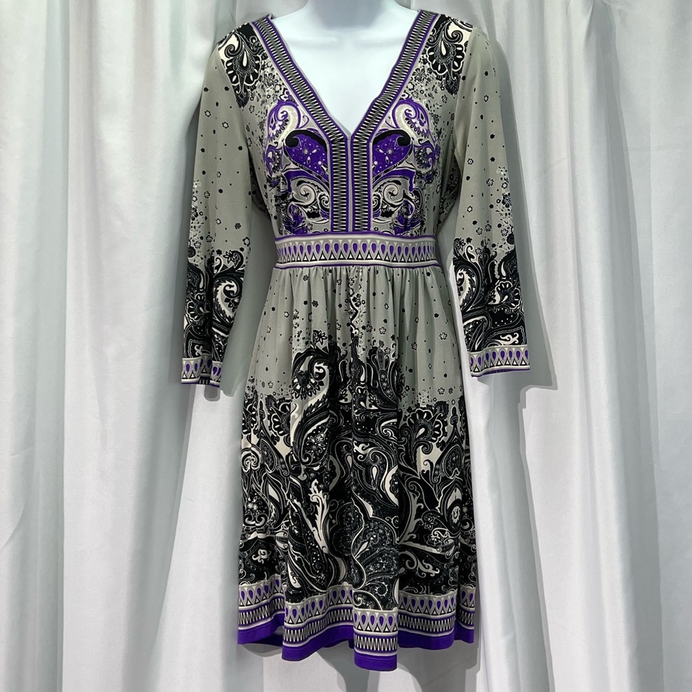 ECI New York Grey, White, Purple and Black Paisley V-neck Long Sleeve Dress - SM - Picture 1 of 10